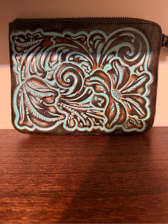 Patricia Nash Handbags - Patricia Nash Brown Leather Wristlet with Turquoise Floral Tooled Accent